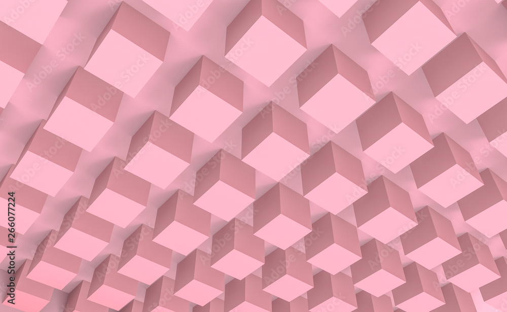 Aufkleber 3d rendering. sweet pastel pink color cube box stack on ceiling design background.