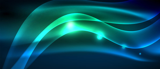 Glowing abstract wave on dark, shiny motion, magic space light. Techno abstract background
