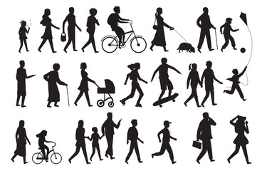 Walking persons silhouette. Group people young woman lady and child walking family isolated vector black set