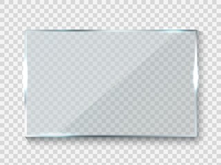 Reflecting glass banner. Gloss rectangle reflection 3d panel texture or clear window on transparent background vector frame