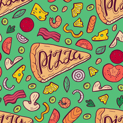 Seamless pattern with a slice of pizza and various ingredients. Hand drawn vector illustration. Background for cafe, fast food restaurant, for the design of the menu and promotional products.