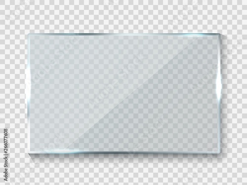 Reflecting glass banner. Gloss rectangle reflection 3d panel texture or clear window on transparent background vector frame