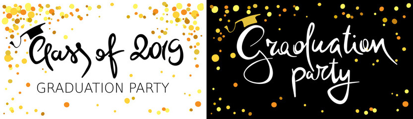 Graduate 2019. Vector illustration, card, invitation with gold confetti and calligraphic title.