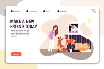 Animal shelter concept. People with homeless dog pets. Internet landing vector page. Shelter dog, friendship pets banner, make new friend illustration