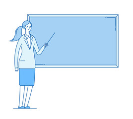 Woman teacher. Young female professor teaching at blackboard in classroom school education vector line flat concept. Education school teacher, woman in classroom shows on chalkboard illustration