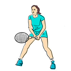 Female tennis player with racket. Vector flat illustration. Isolated black contour and colors. Colorful abstract cartoon. Girl is playing tennis. Athlete in active pose. Professional sport or hobby.