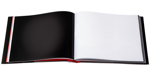 Template of open book with black and white page isolate on white background.  Mocap book. Isometric view, on white background.