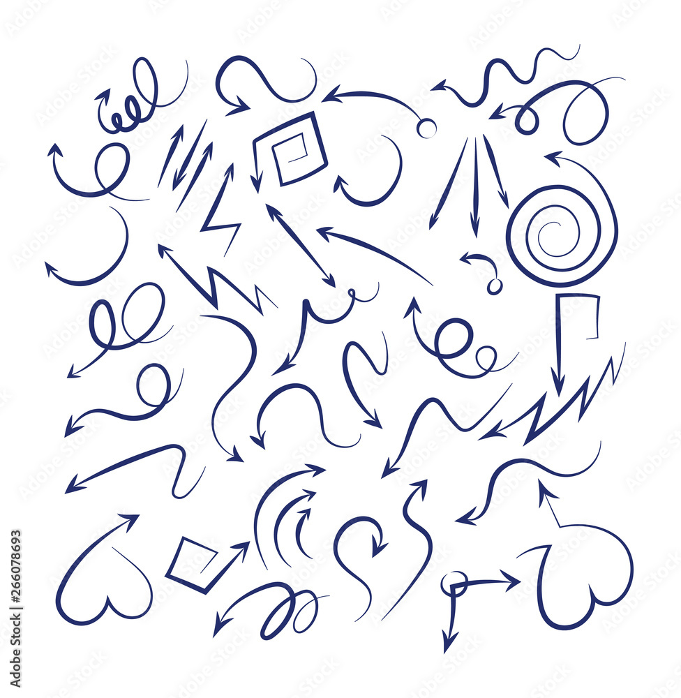 Poster doodle arrows set. sketch swirly arrows black hand drawn curved pointer icons isolated on white back