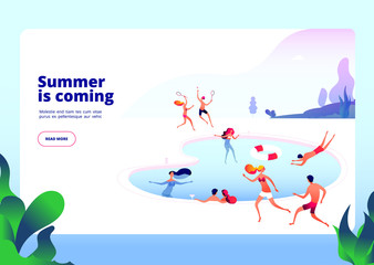 Summer beach landing. People at swimming pool on summer vacation restore hotel water relax at sea vector concept. Illustration of summer is coming, swimming pool party