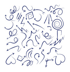 Doodle arrows set. Sketch swirly arrows black hand drawn curved pointer icons isolated on white background. Arrow swirly pointer, curve line sketching illustration