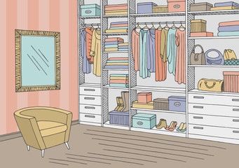 Wardrobe room graphic color interior sketch illustration vector