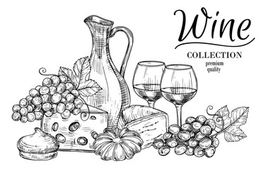 Jug of wine, cheese, sweets and glasses sketch vector background. Drink alcohol in wineglass, winery quality illustration