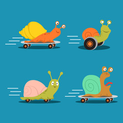Fast characters snails cartoon vector of set. Illustration of fast snail on skate, happy slow animal - obrazy, fototapety, plakaty
