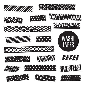 Black And White Washi Tape Strips, Vector Scrapbook Elements. Illustration Of Washi Tape Monochrome Scrapbooking, Patterned Sticker