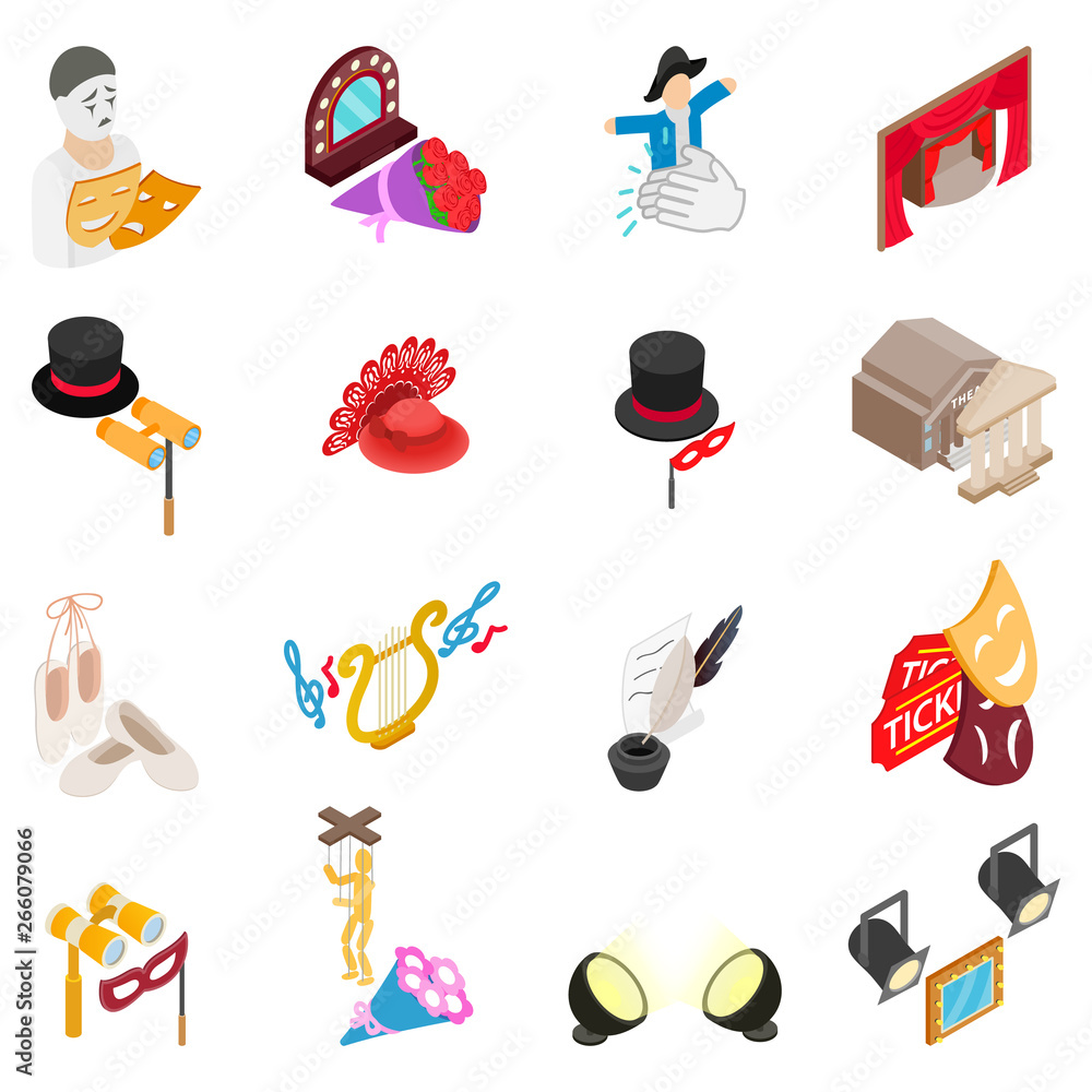 Poster stage icons set. isometric set of 16 stage vector icons for web isolated on white background