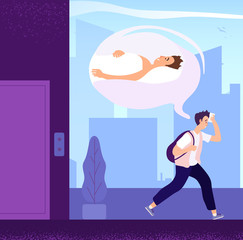 Sleepy man. Guy wishing sleep walking to office in morning. Tired adult sad person desirous rest. Cartoon vector concept. Man sleepy and tired go to office illustration