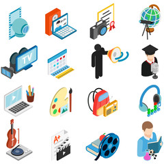 Cinema training icons set. Isometric set of 16 cinema training vector icons for web isolated on white background