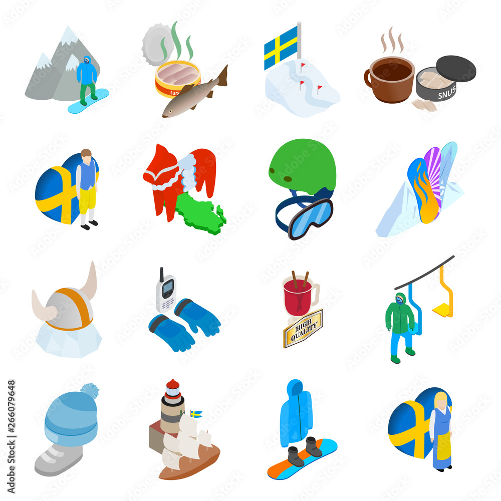 Poster mountain rest icons set. isometric set of 16 mountain rest vector icons for web isolated on white ba