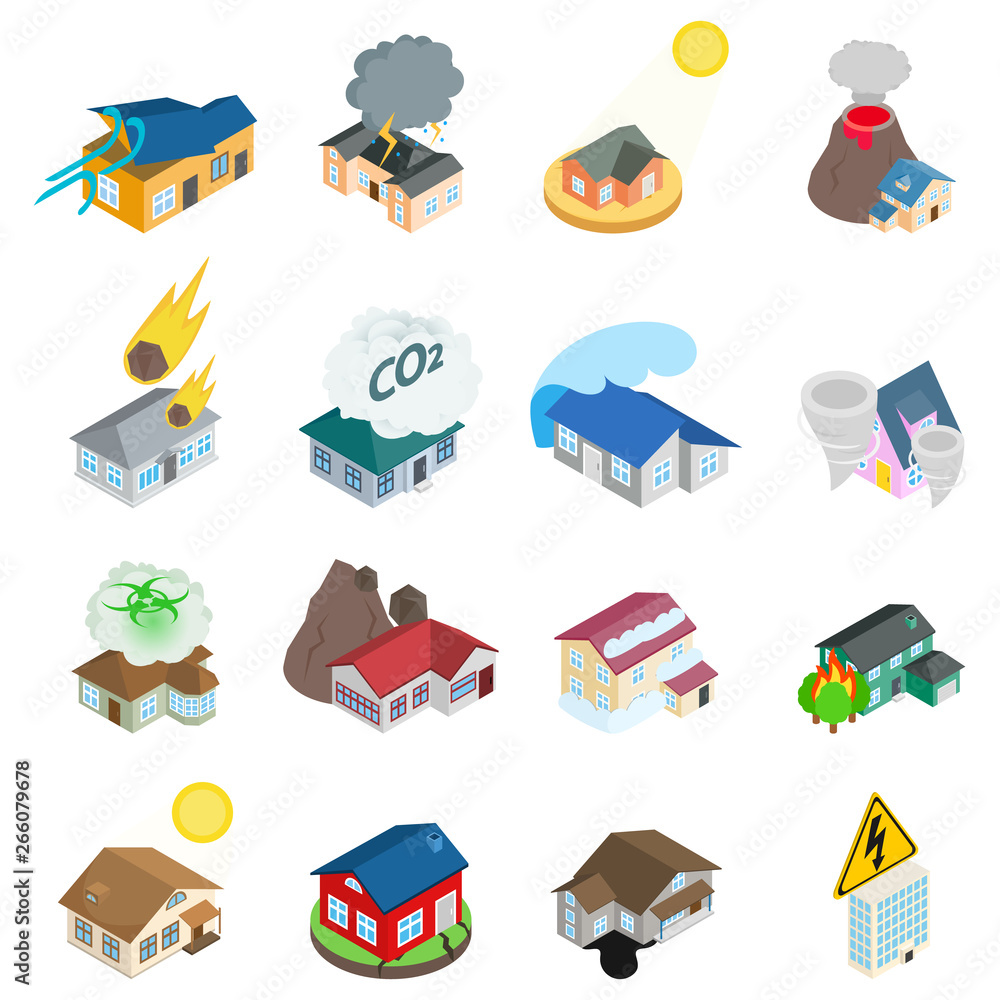 Poster dangerous environment icons set. isometric set of 16 dangerous environment vector icons for web isol