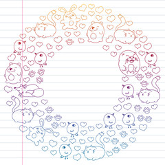 Vector set of beautiful round icons icons in doodle style. Painted, colorful, gradient on a piece of linear paper on white background.