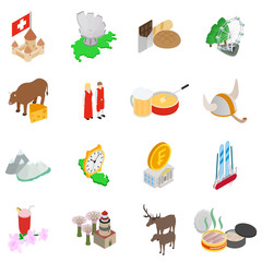 Baltic area icons set. Isometric set of 16 baltic area vector icons for web isolated on white background