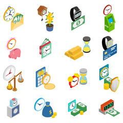 Cash time icons set. Isometric set of 16 cash time vector icons for web isolated on white background