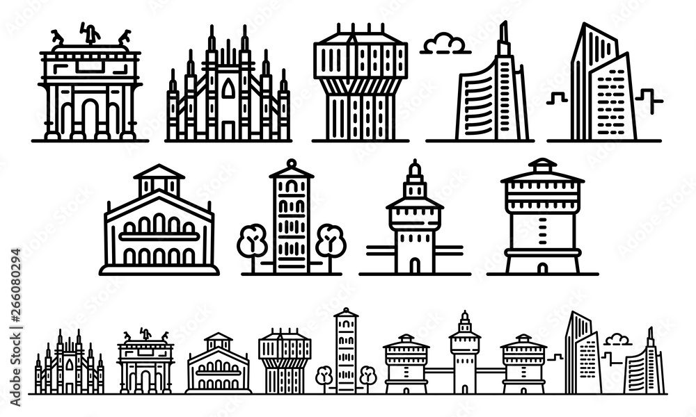 Poster milan icons set. outline set of milan vector icons for web design isolated on white background