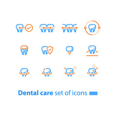 Teeth braces, dental care, stomatology services, cleaning and whitening, implant and crown, protection concept, line icons