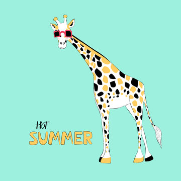 Giraffe flat hand drawn vector characters. Cute african animal cartoon character. Bright poster with a giraffe in glasses with lettering. Kid book, t-shirt, travel postcard design. Vector