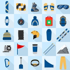 Mountain snowboarding equipment icons set. Flat set of mountain snowboarding equipment vector icons for web design