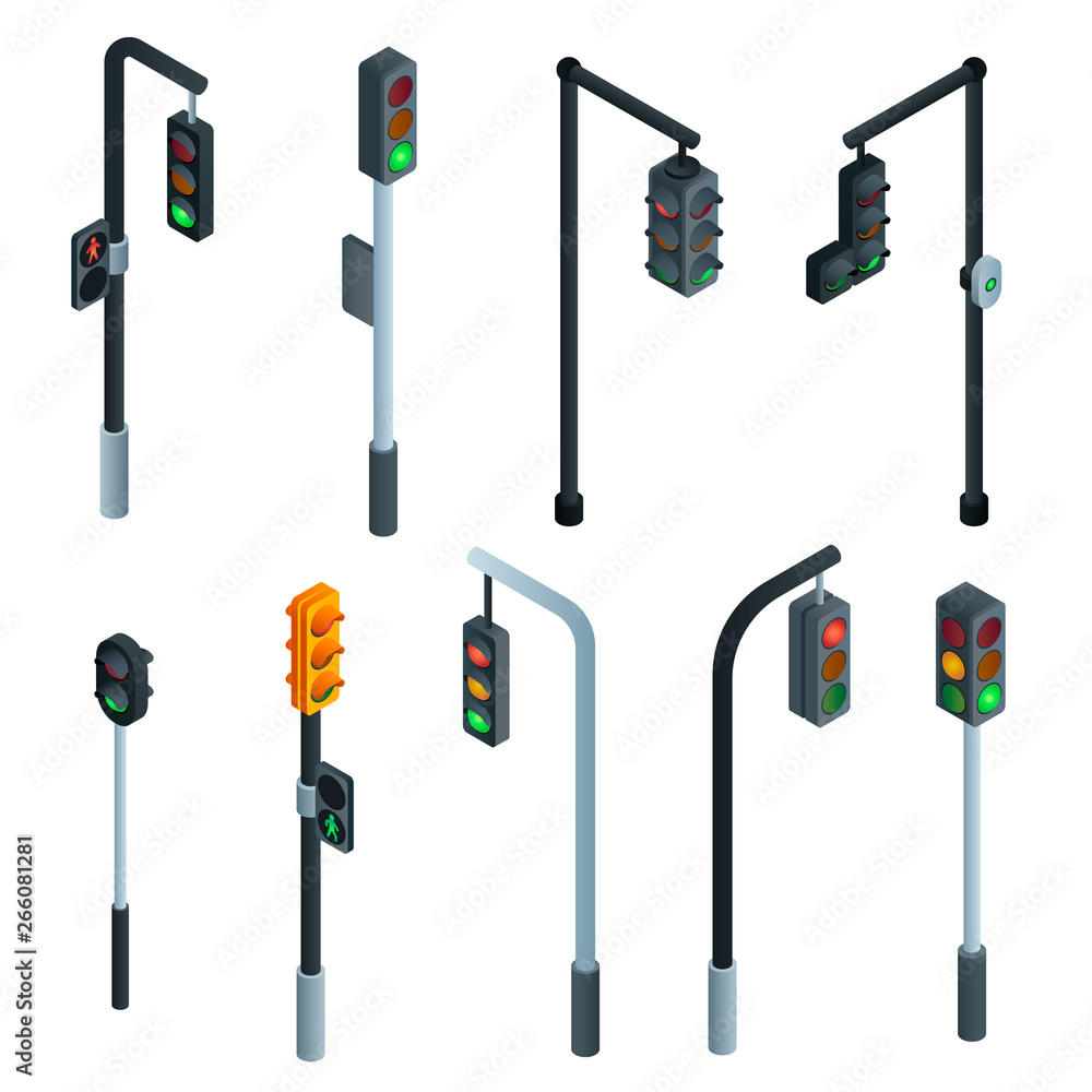 Poster traffic lights icons set. isometric set of traffic lights vector icons for web design isolated on wh