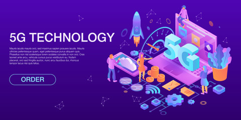 Modern 5G technology concept banner. Isometric illustration of modern 5G technology vector concept banner for web design