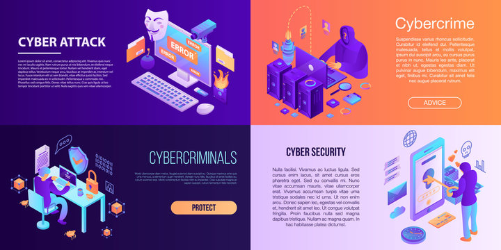 Cyber Attack Banner Set. Isometric Set Of Cyber Attack Vector Banner For Web Design