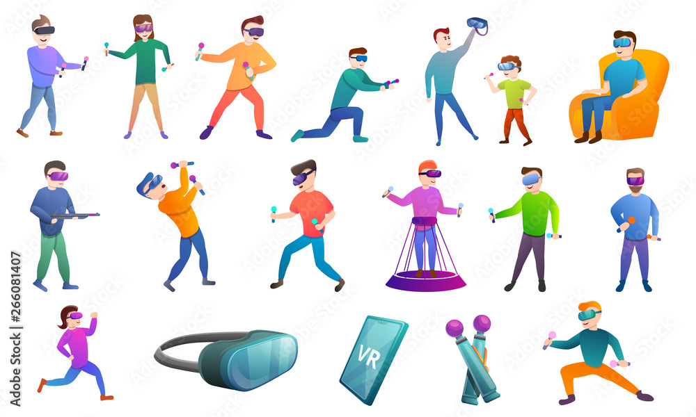 Poster game goggles icons set. cartoon set of game goggles vector icons for web design