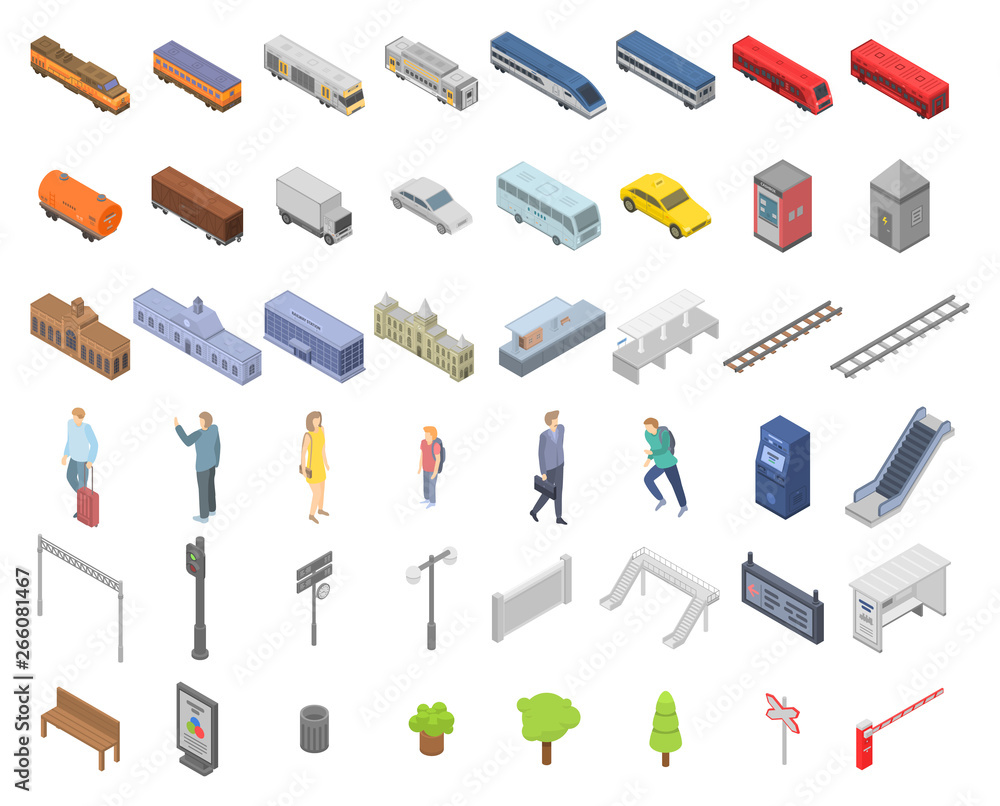 Poster railway station icons set. isometric set of railway station vector icons for web design isolated on 