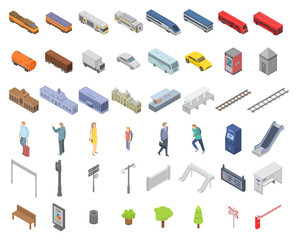 Railway station icons set. Isometric set of railway station vector icons for web design isolated on white background