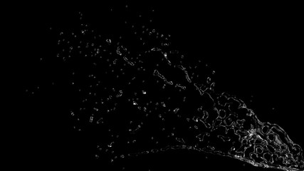 Large amount of water splashing and pouring from corner with bubbles black  background 3d render
