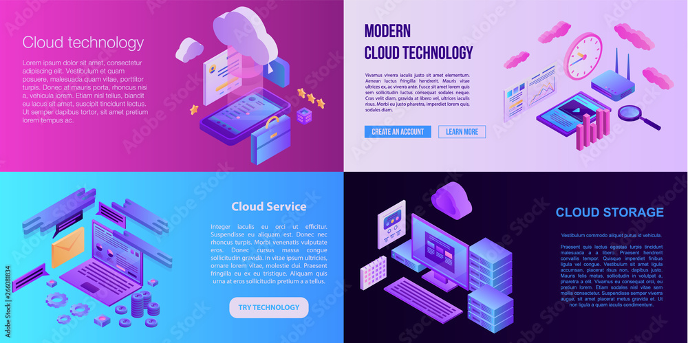 Poster cloud technology banner set. isometric set of cloud technology vector banner for web design