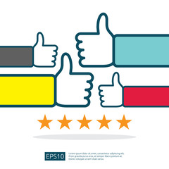 positive good review with hand thumb up symbol on social media. five stars service or product rate recommendation opinion and customer approve concept