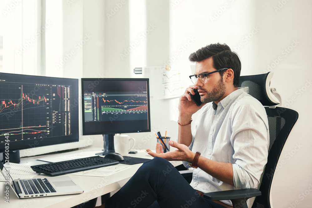 Poster really? worried bearded businessman or trader in formalwear and eyeglasses is talking with client an