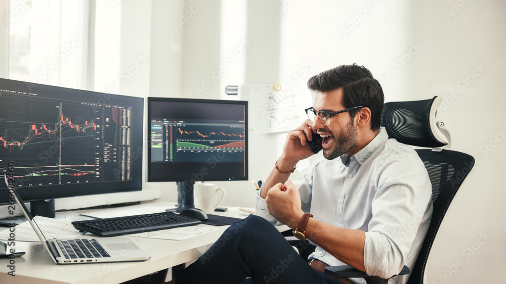 Aufkleber success! happy bearded businessman or trader in formalwear and eyeglasses is talking with client and