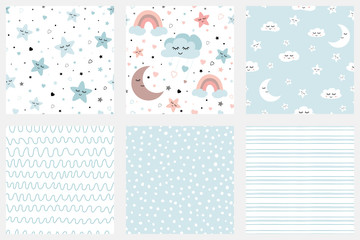 Stars smiling clouds moon kids repeated background Set of background patterns in pale blue Striped design Baby Shower, Birthday scrapbook greeting cards gift wrap surface textures Vector illustration.