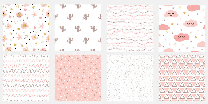Set of cute abstract hand drawn pink seamless patterns Stripes flowers cloud cactus points vector background