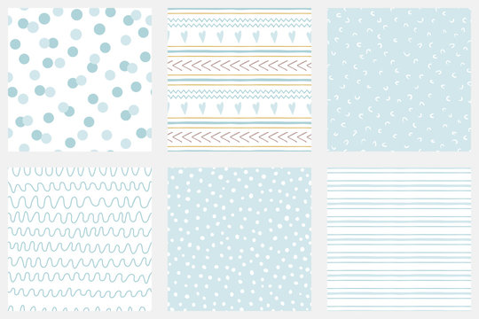 Baby Boy Shower Blue Collection Hand Drawn Seamless Pattern Set Blue Simple Textures For Background Vector