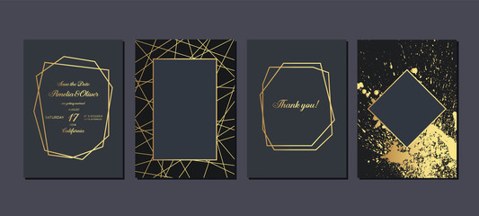 Gold wedding invitation.  Luxury wedding invitation cards with gold marble texture and geometric pattern vector design template.