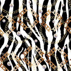 Fashion Seamless Pattern with Golden Chains and zebra print. Fabric Design Background with Chain, Metallic accessories. Luxurious linear print with fashion accessories.