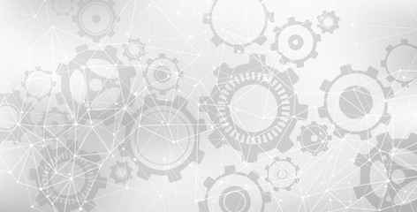 Grey & white vector banner design - communication / connection / network illustration with lines and gears
