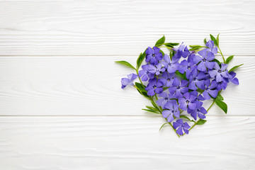 Top view composition of garden flowers in a heart shape with copy space