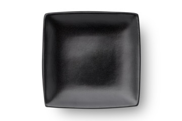 Black square plate isolated on white background. Top view.