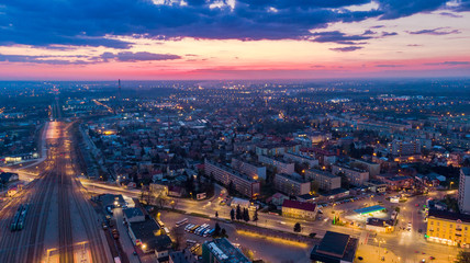 Fototapeta na wymiar Tarnow city scape at twilight , aerial drone view
